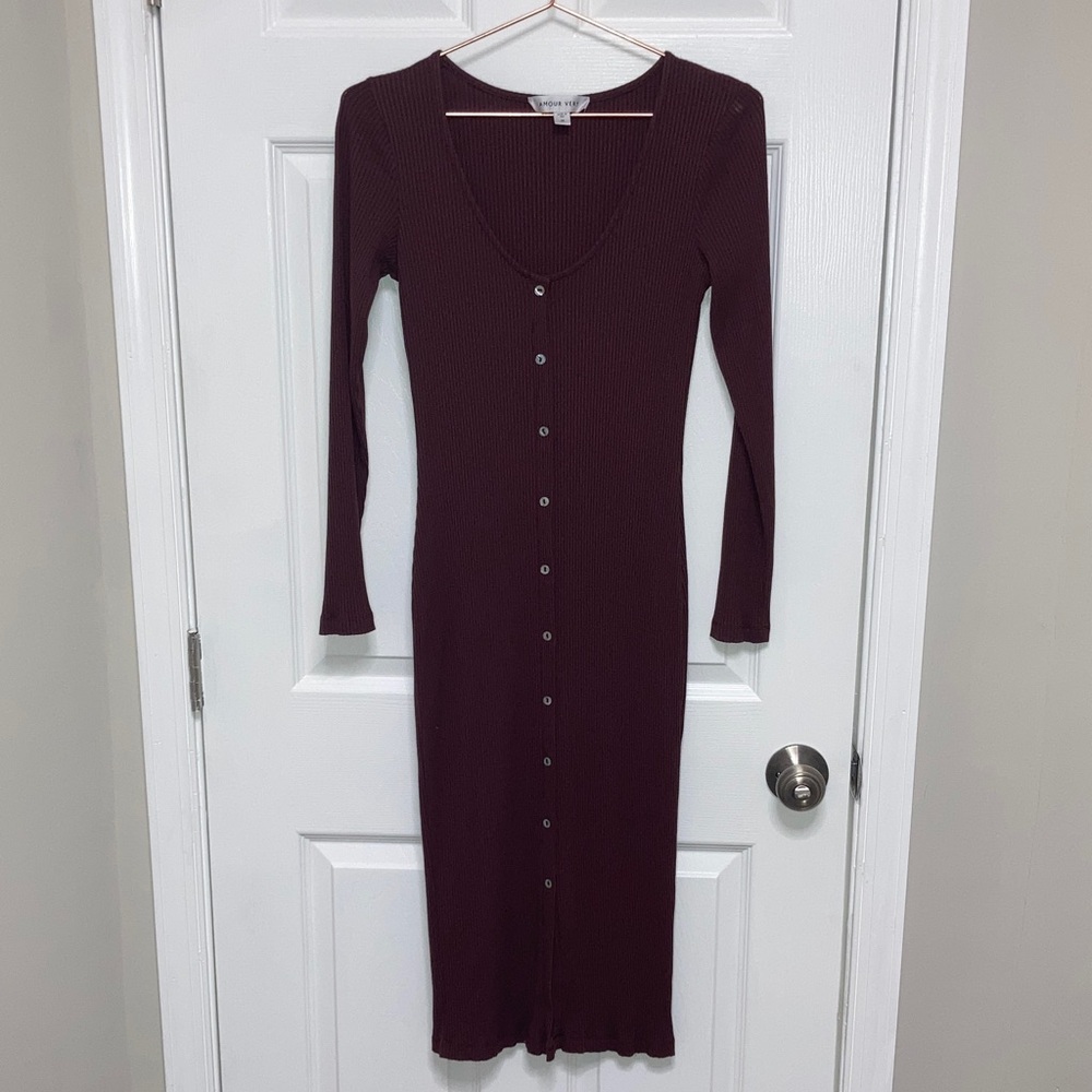 Amour Vert Soraya Office Business Preppy Mocha‎ Ribbed Front Button Dress